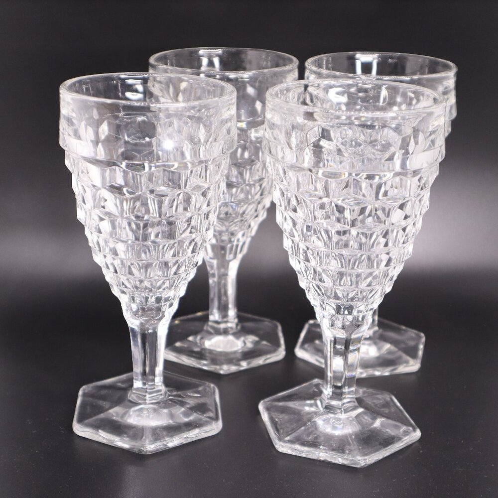Fostoria American Clear Glass 6 7/8” Water Wine Goblets Hex Foot set of 4 vtg